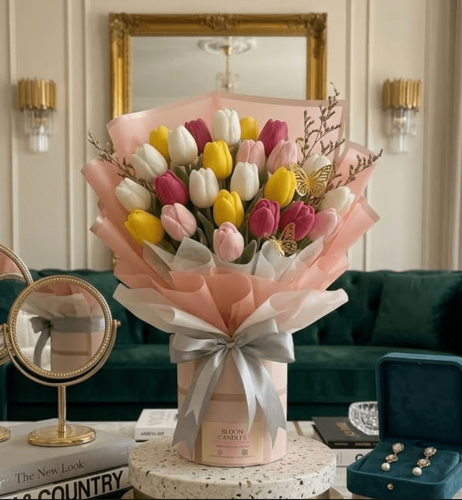 Colourful Tulip Bouquet - shop_name candles bouquet handmade crafted candlesbouquet bloomcandlesbyuna waxmeltcandles candlesrose rose tulip peony scentcandles soywaxcandles