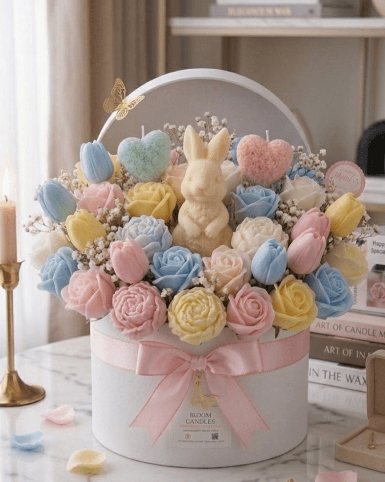 Bloom Easter Bunny Surprise - shop_name candles bouquet handmade crafted candlesbouquet bloomcandlesbyuna waxmeltcandles candlesrose rose tulip peony scentcandles soywaxcandles