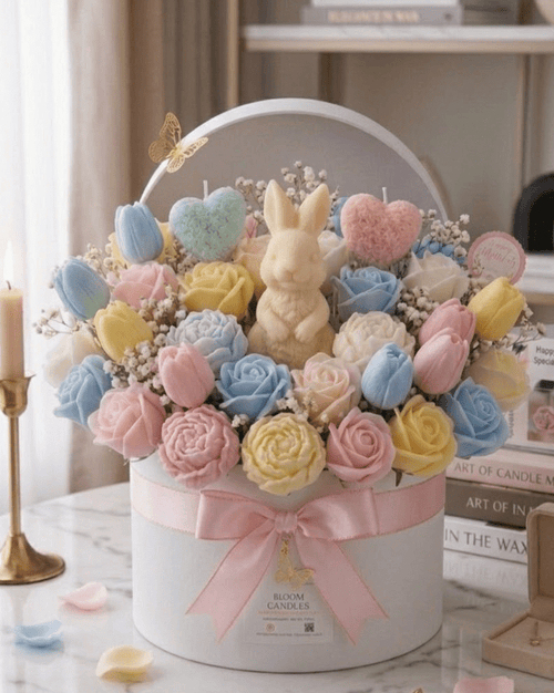 Bloom Easter Bunny Surprise - shop_name candles bouquet handmade crafted candlesbouquet bloomcandlesbyuna waxmeltcandles candlesrose rose tulip peony scentcandles soywaxcandles