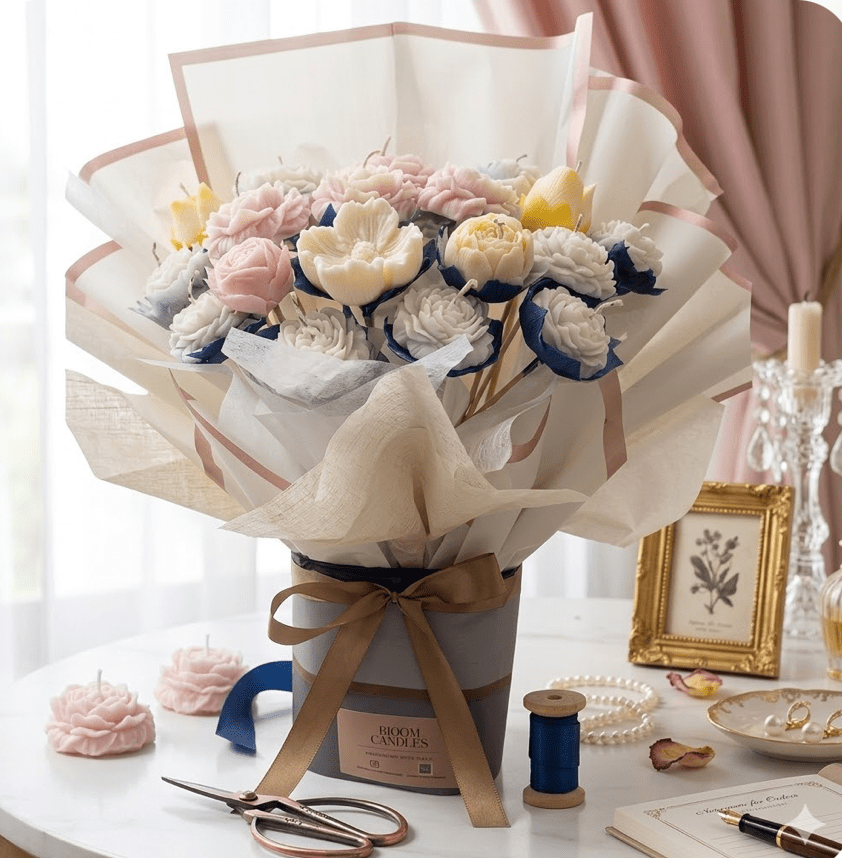 Bloom With Spirit Blue Sea - shop_name candles bouquet handmade crafted candlesbouquet bloomcandlesbyuna waxmeltcandles candlesrose rose tulip peony scentcandles soywaxcandles