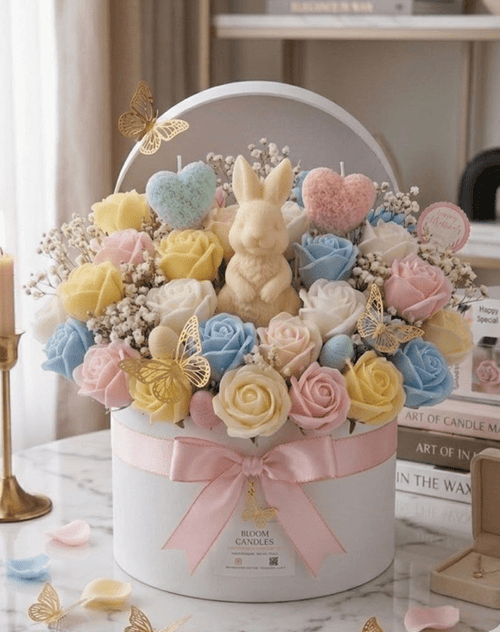 Bloom Easter Bunny Surprise - shop_name candles bouquet handmade crafted candlesbouquet bloomcandlesbyuna waxmeltcandles candlesrose rose tulip peony scentcandles soywaxcandles